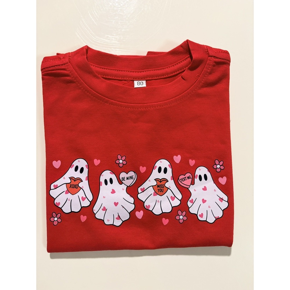 Girls Red Ghost Graphic Valentine T-Shirt - Short Sleeve Crew Neck - size 3T